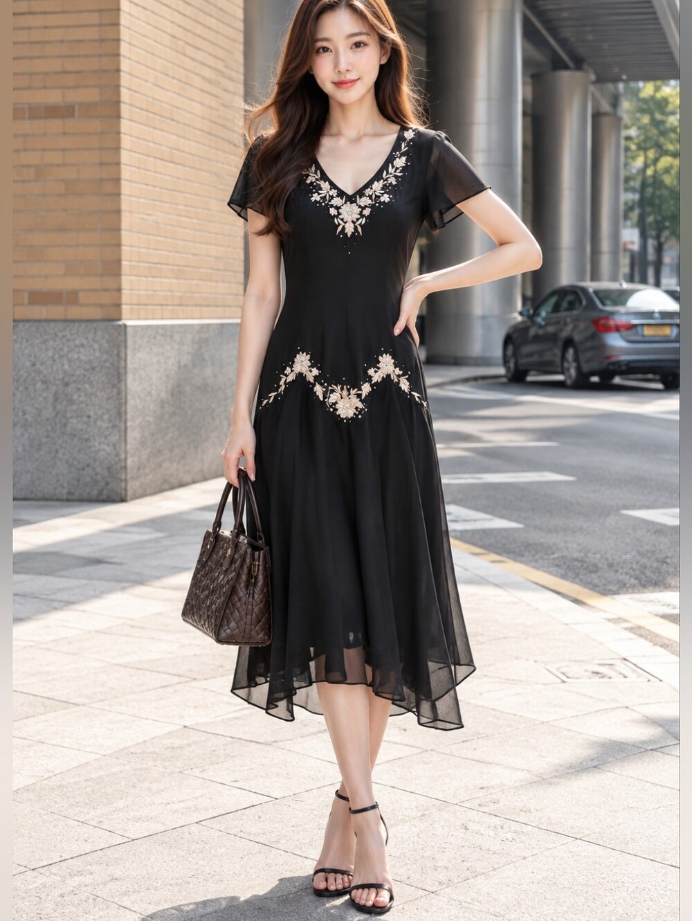 S.L Fashions Elegant Black V-Neck Embroidered Midi Dress Size 12p